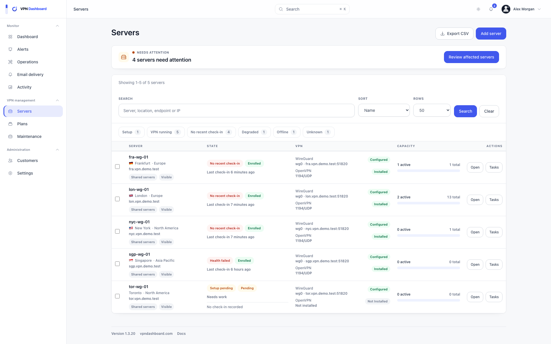 VPN server list with health, capacity and protocol status